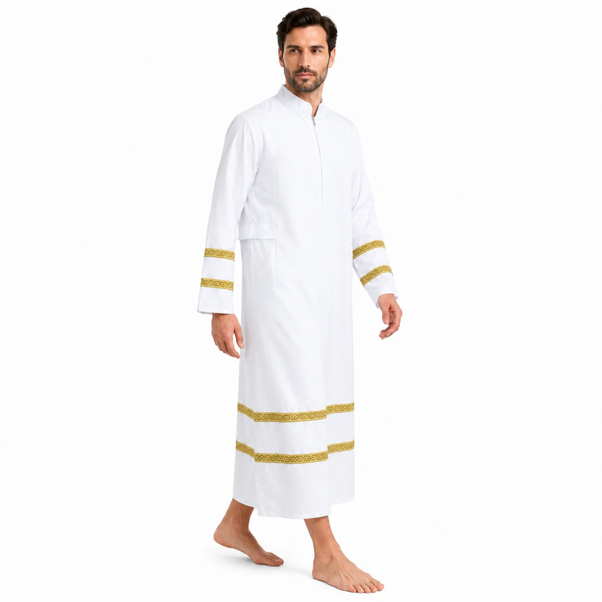 Front view of a man wearing the white priest robe with patterned gold cuff and hem bands.