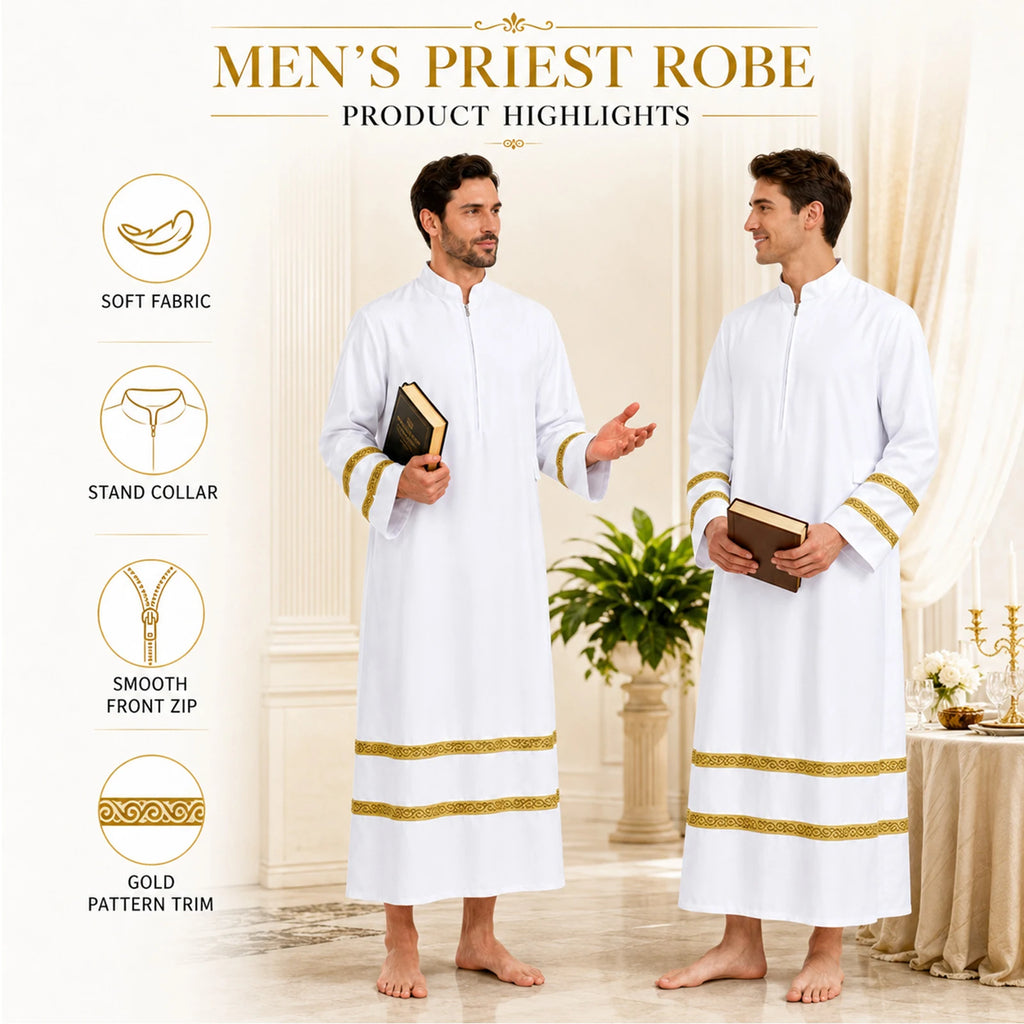 Priest robe highlights showing stand collar front zipper and gold trim