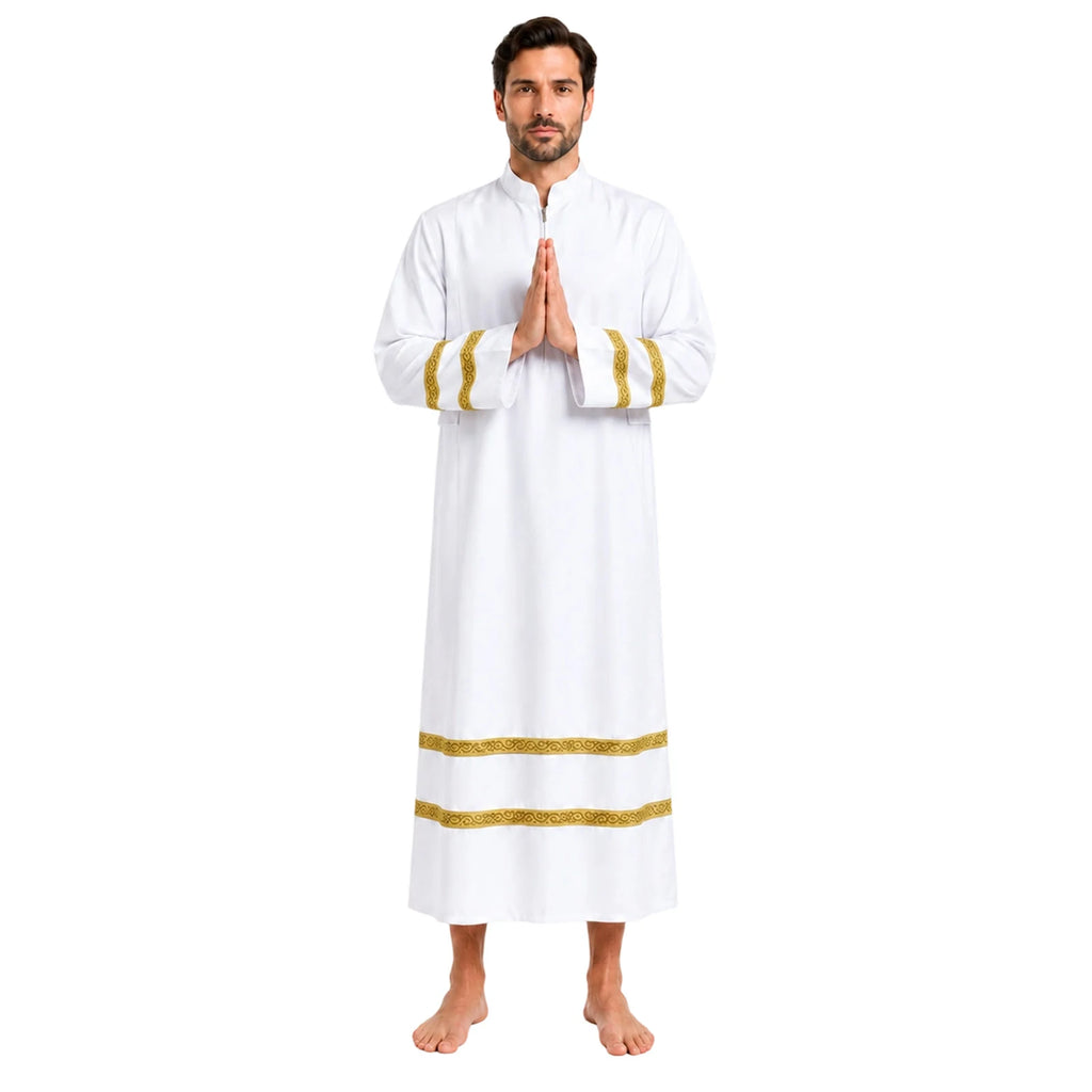 Man posing in the white priest robe with hands together and gold bands visible at the cuffs.