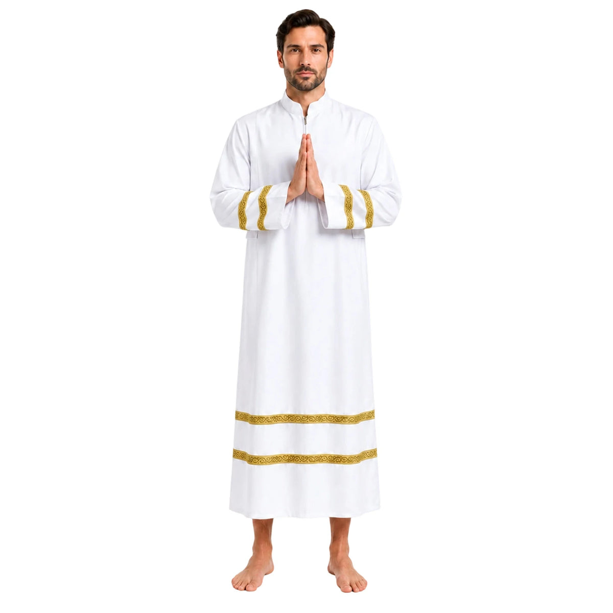 Man posing in the white priest robe with hands together and gold bands visible at the cuffs.