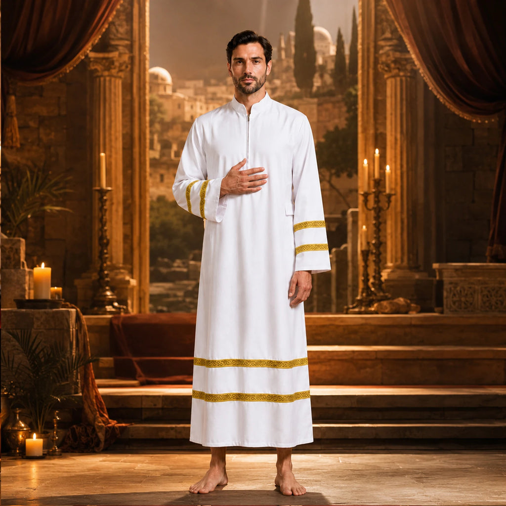 Man wearing white and gold priest robe in formal indoor setting