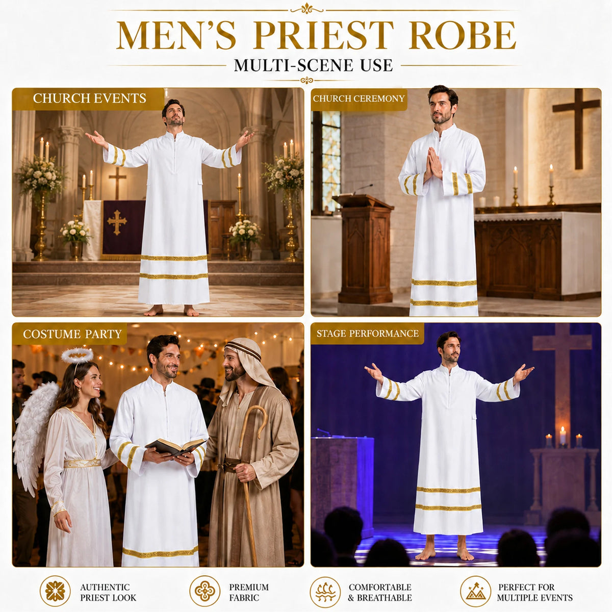 Men's priest robe shown in multiple costume and role-play scenes