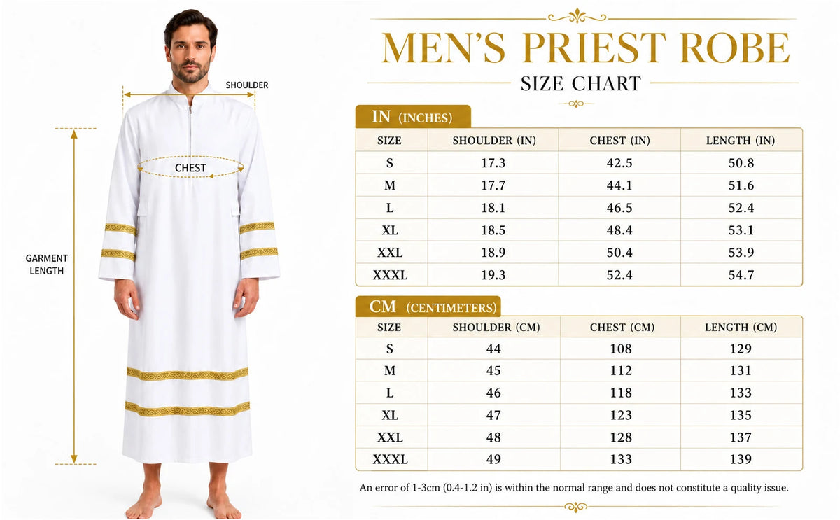 Original priest robe size chart lists shoulder, chest and garment length in inches and centimeters for S through 3XL.