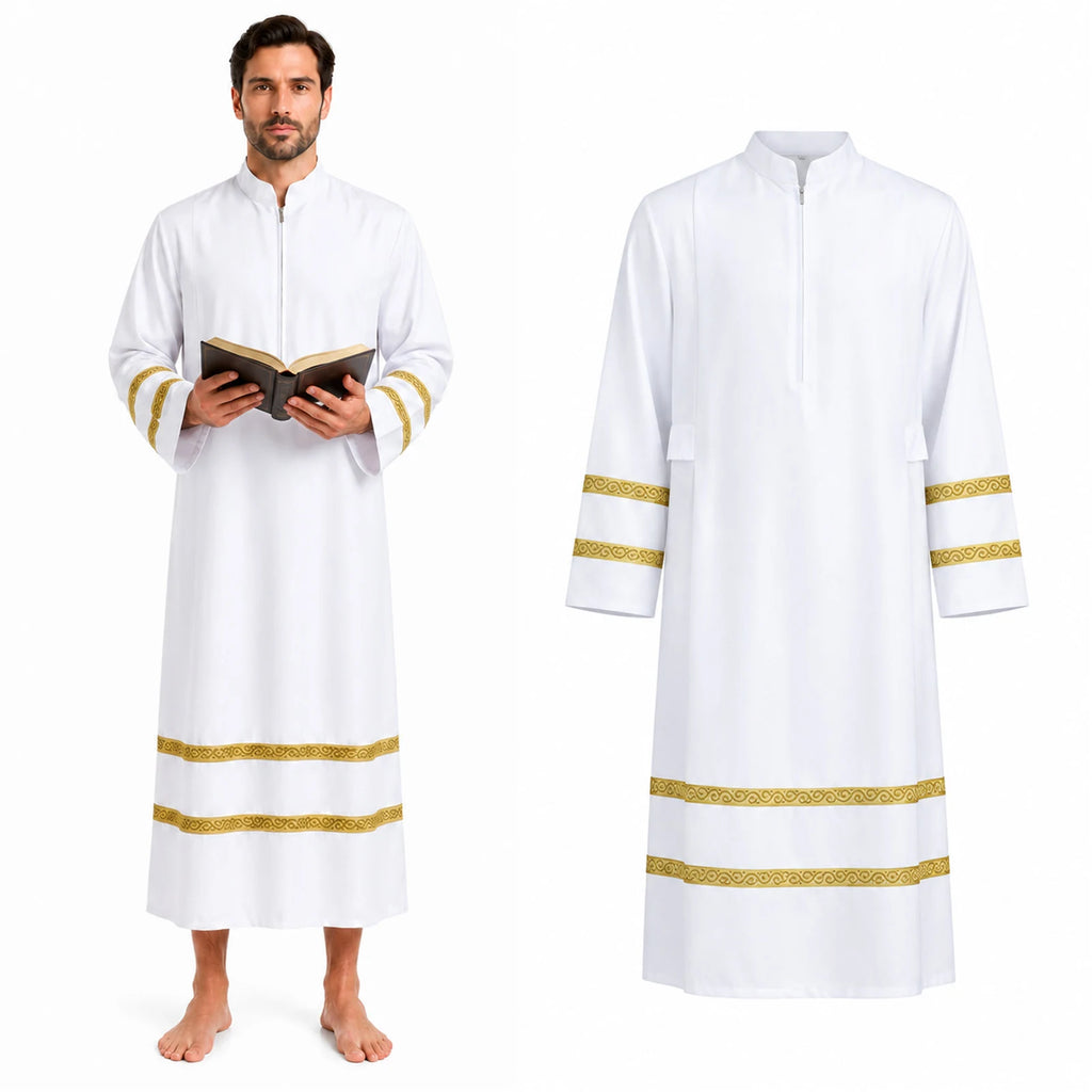 Male model wearing a white priest robe with gold bands beside the robe alone.