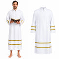 Male model wearing a white priest robe with gold bands beside the robe alone.