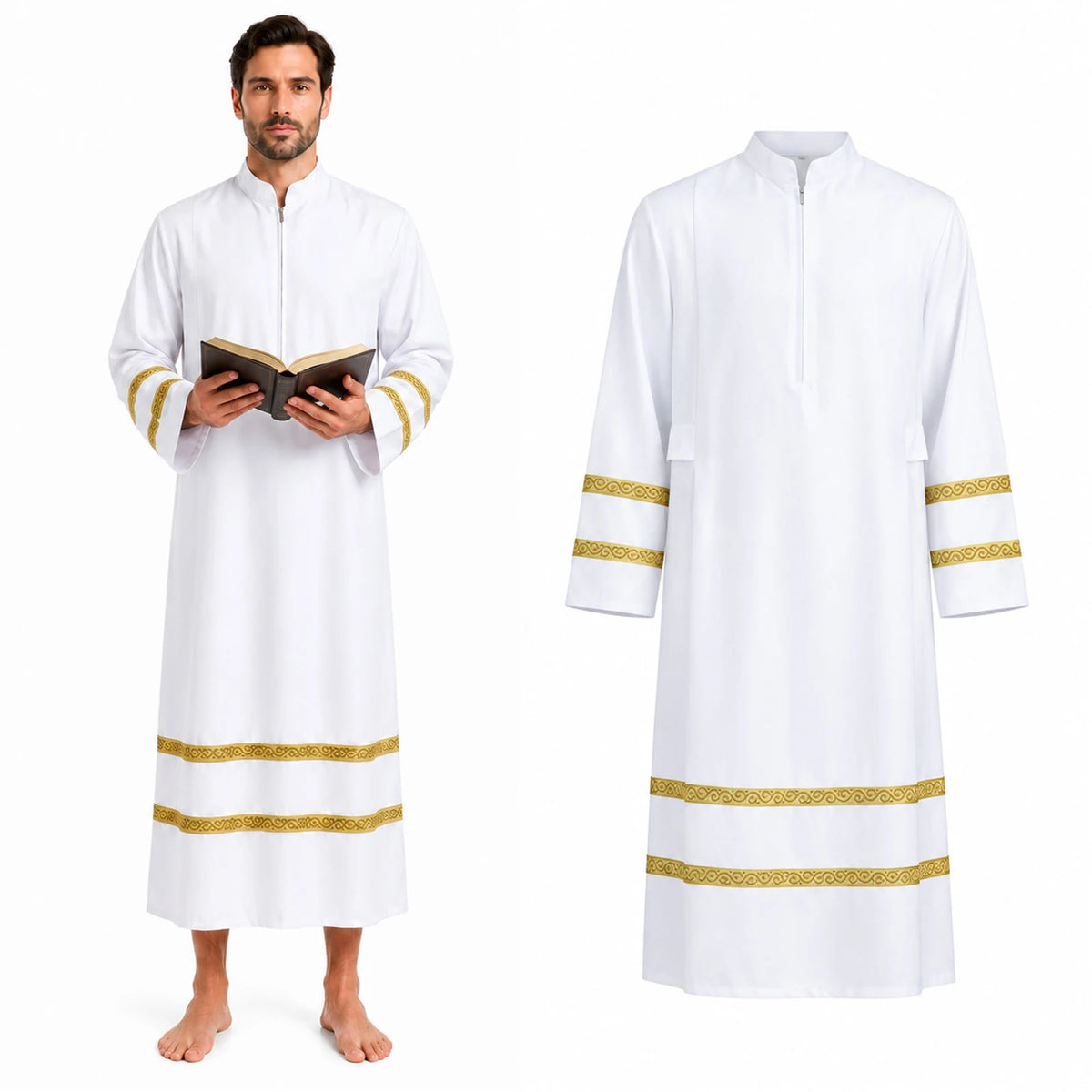 Male model wearing a white priest robe with gold bands beside the robe alone.