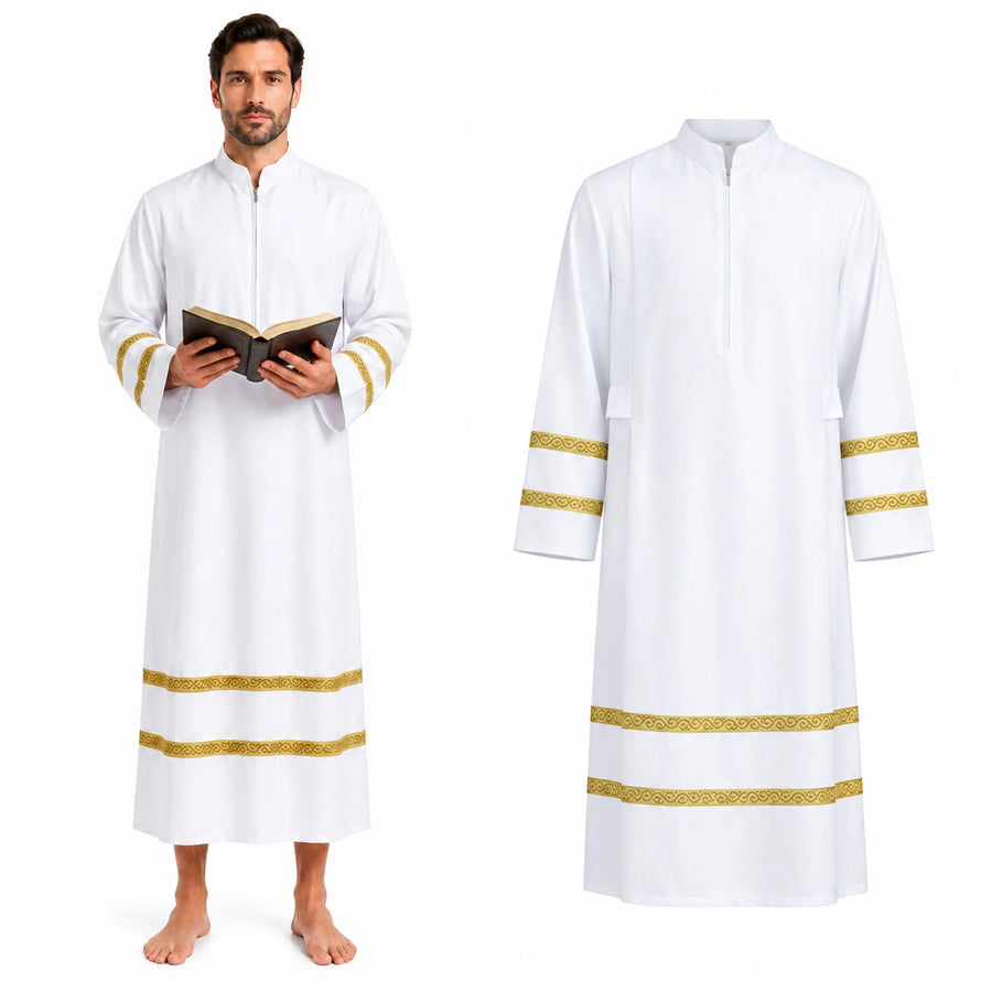 Male model wearing a white priest robe with gold bands beside the robe alone.