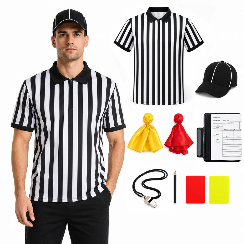 Referee shirt and black cap shown with colored flags cards whistle record book and pen.