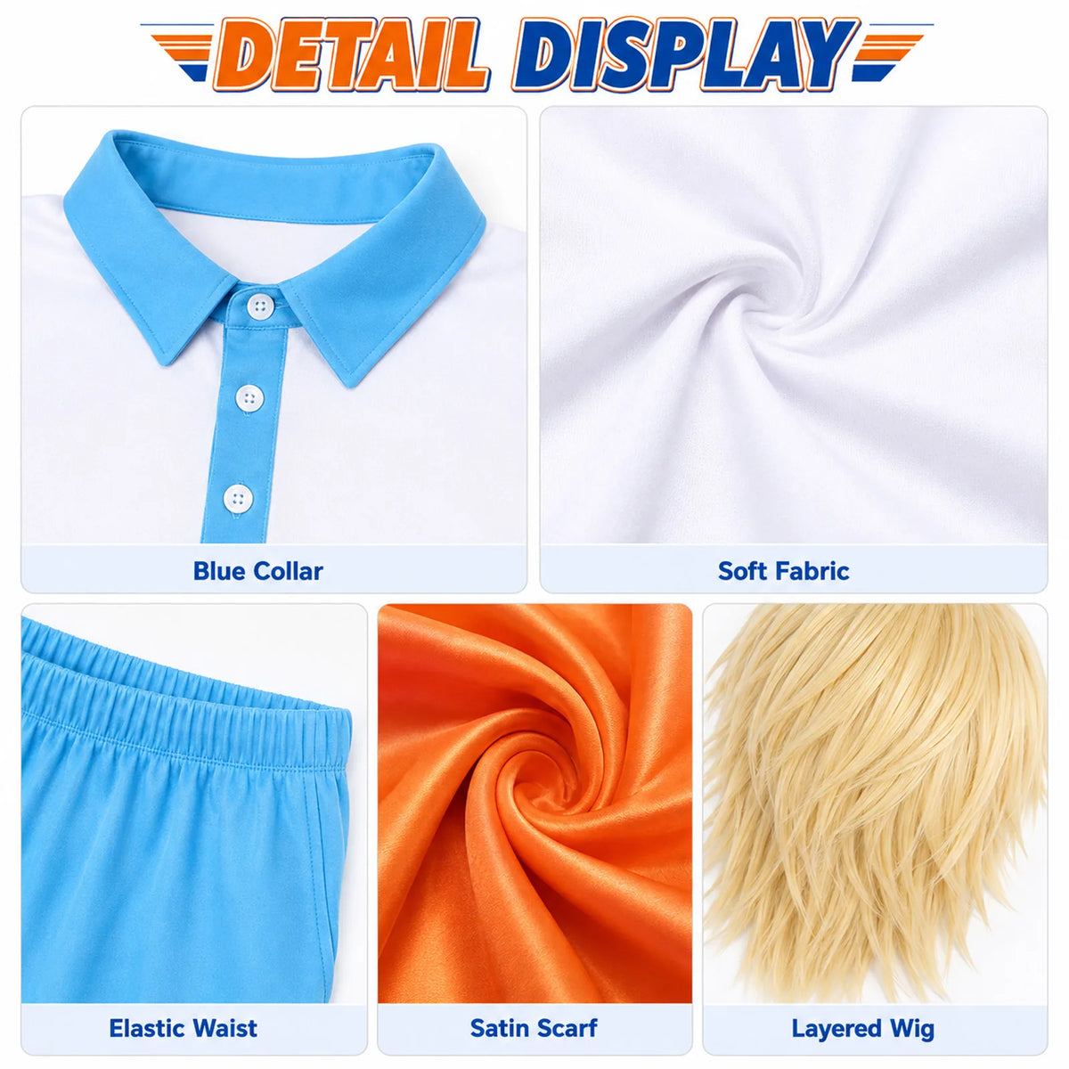 Close-up details of the shirt, pants, blond wig, and orange scarf.