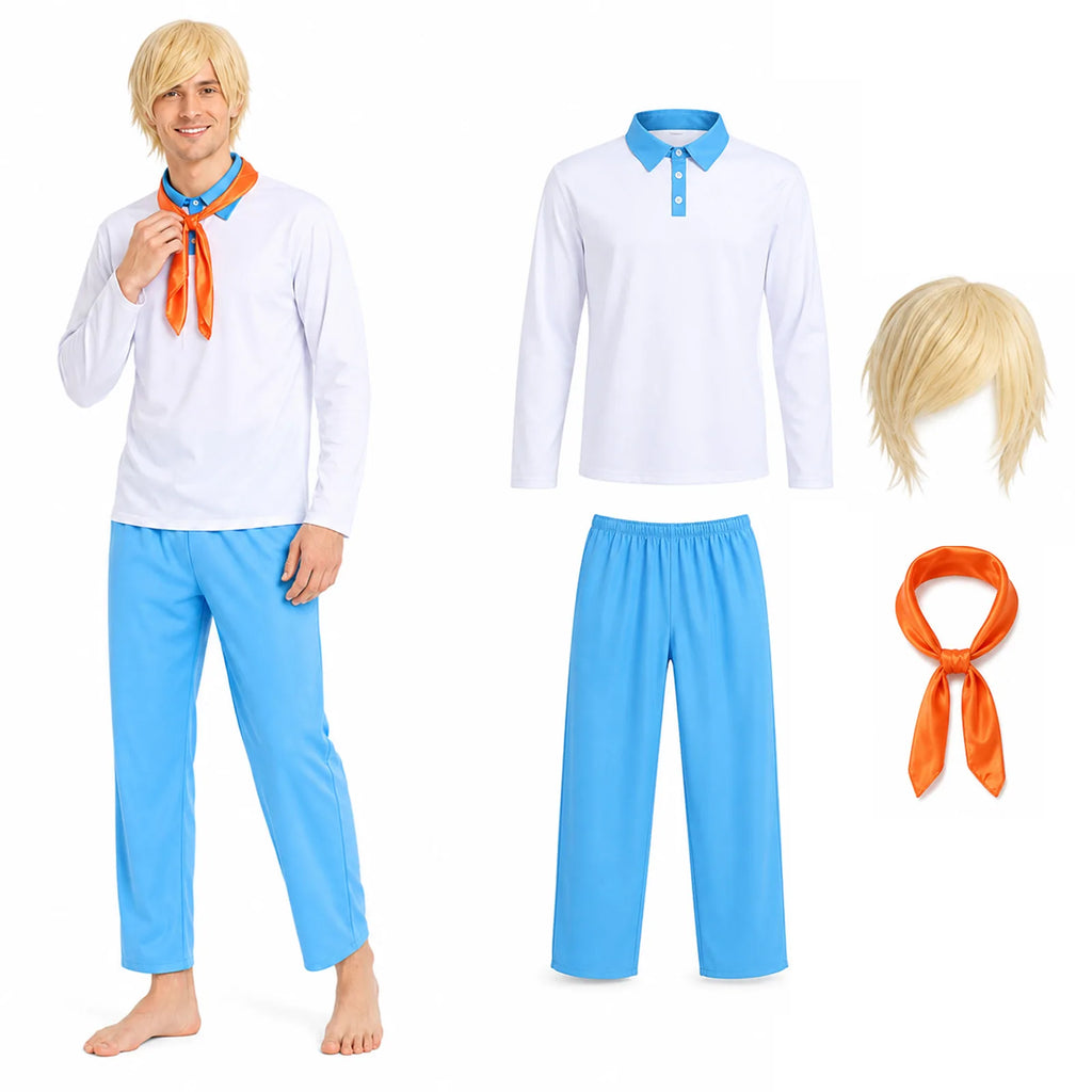 Scooby-Doo Fred Jones-inspired mystery solver costume with white shirt, blue pants, blond wig and orange scarf.
