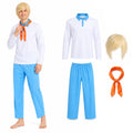 Scooby-Doo Fred Jones-inspired mystery solver costume with white shirt, blue pants, blond wig and orange scarf.