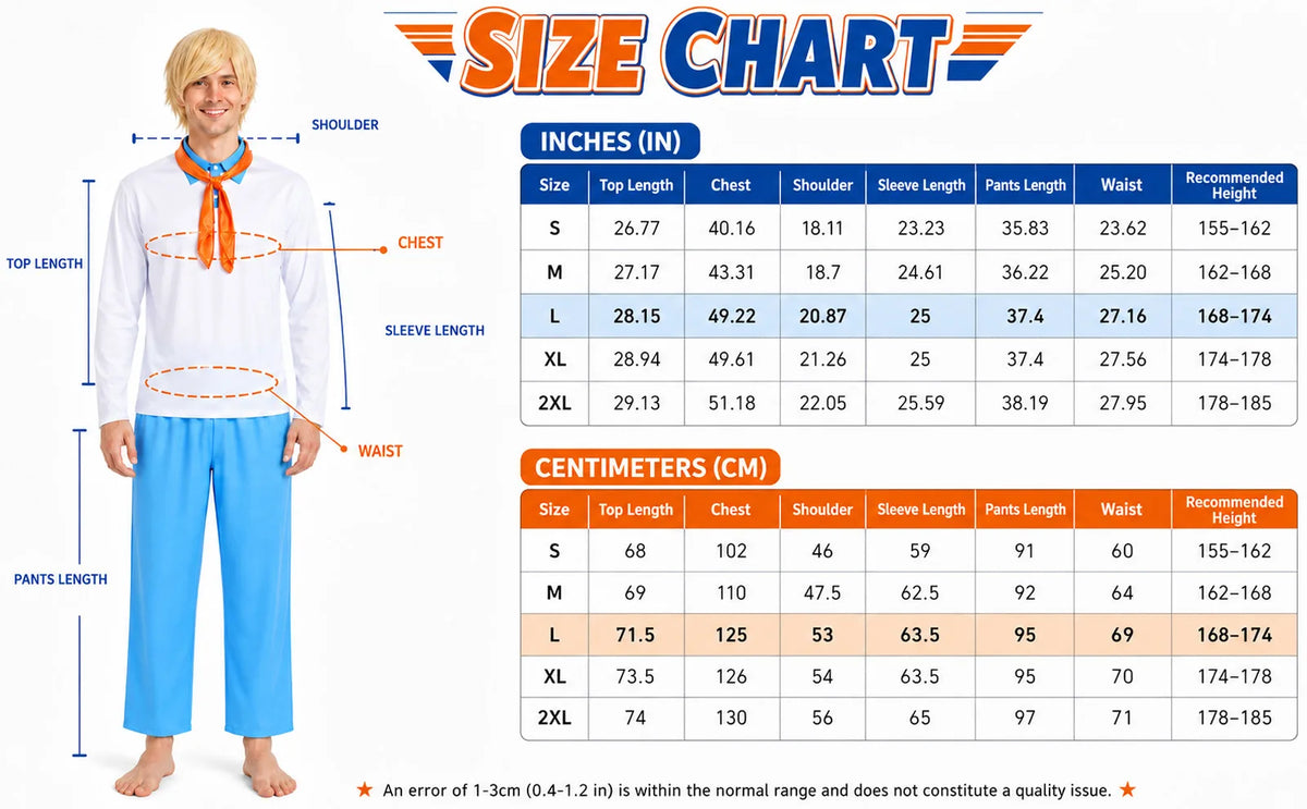 Size chart for the men’s retro mystery-solver costume in S through 2XL.