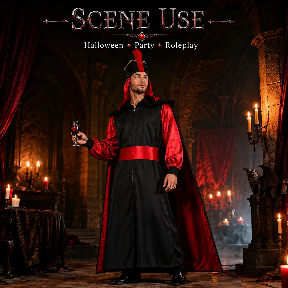 Men's royal vizier costume styled as a dramatic fantasy-villain look.