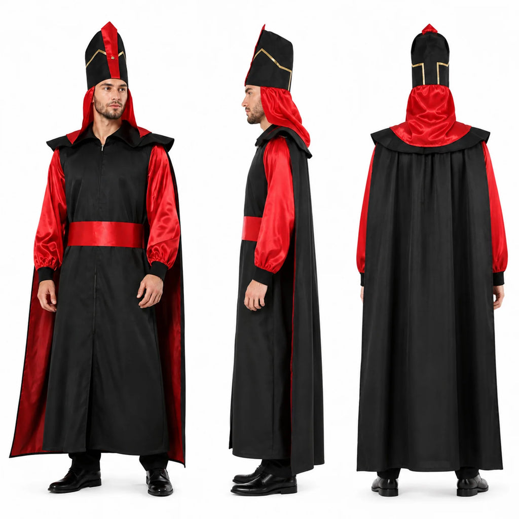 Men's royal vizier costume shown from the front, side and back to display the full-length robe.