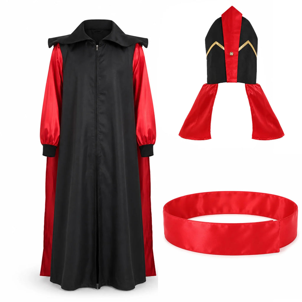 Men's royal vizier costume pieces laid out with the black-and-red robe, tall hat and waist sash.