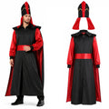 Jafar-inspired vizier costume from Aladdin with black-and-red robe, tall ceremonial hat and separate red sash.