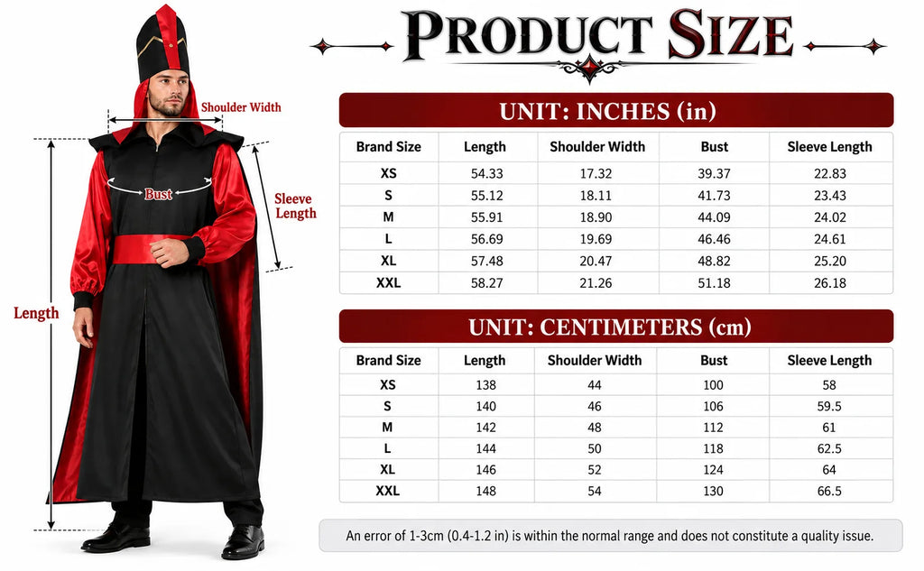 Size chart for the men's royal vizier costume in XS through XXL.