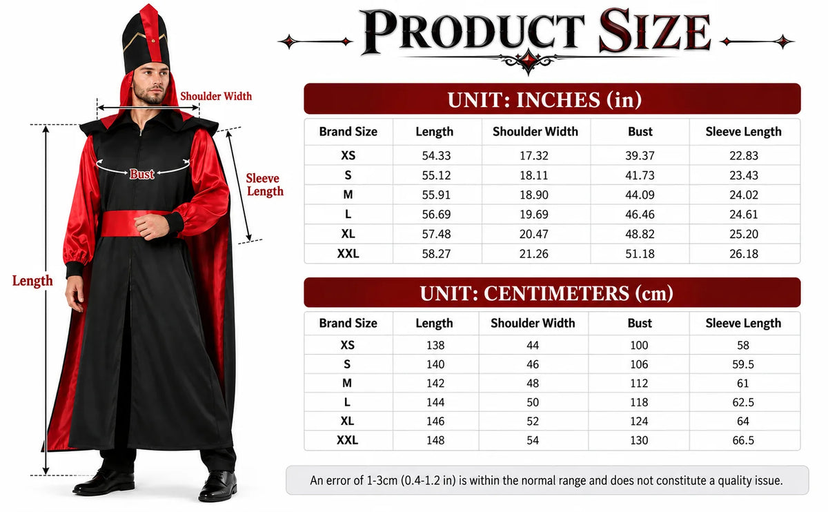 Size chart for the men's royal vizier costume in XS through XXL.