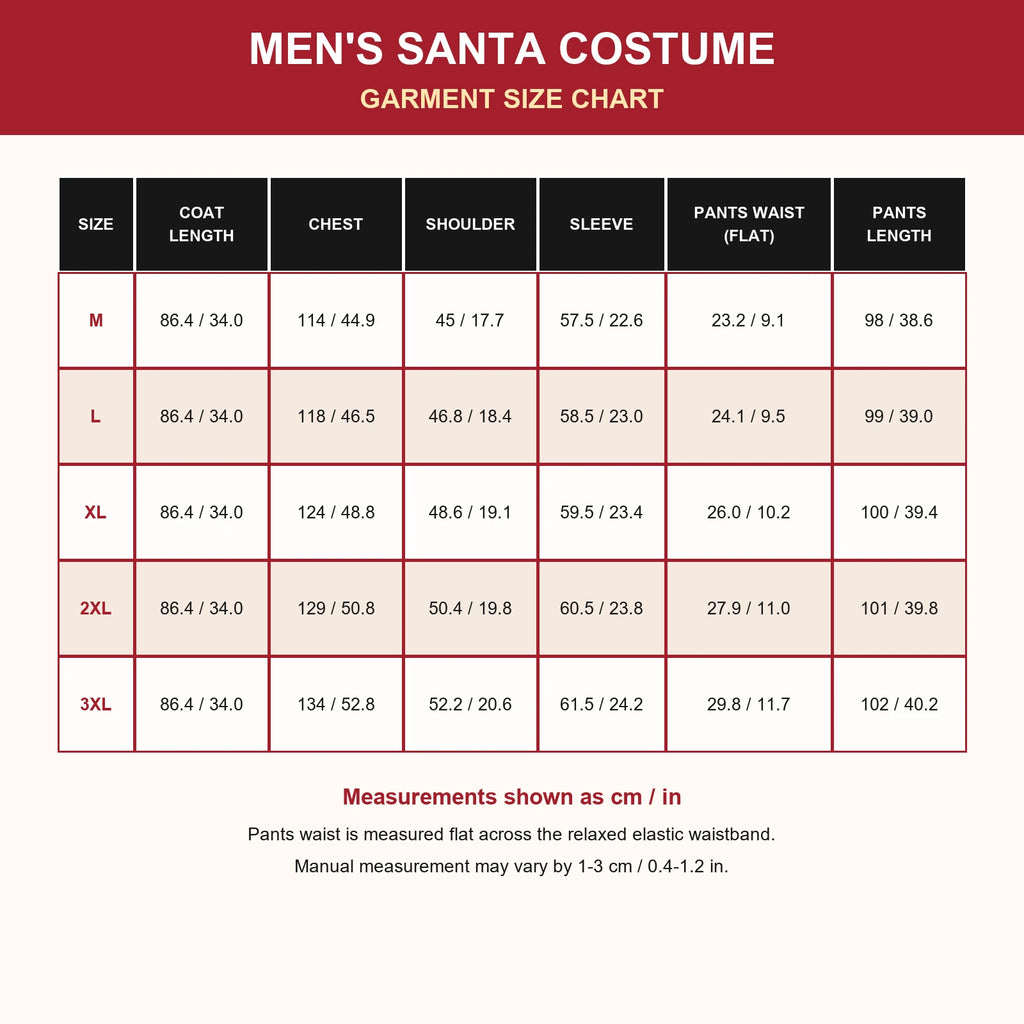 Men's Santa costume garment size chart from M to 3XL