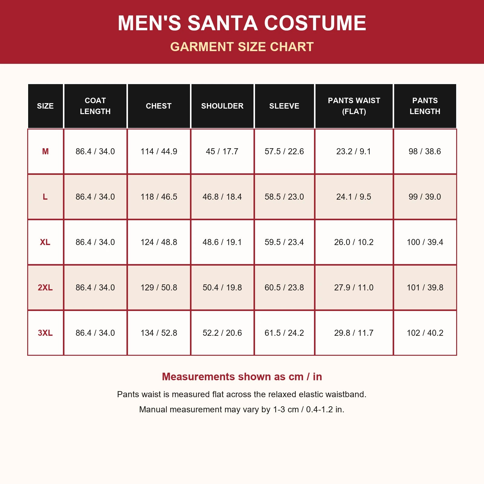 Men's Santa costume garment size chart from M to 3XL