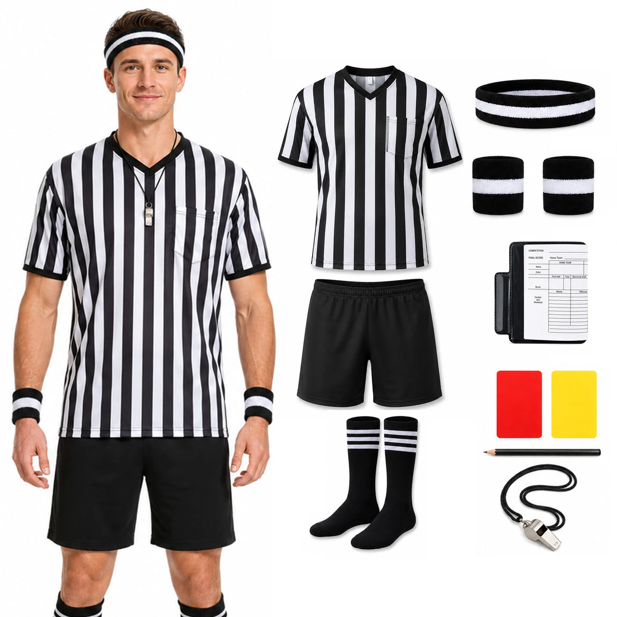 Man wears a striped soccer referee costume beside its separate clothing and accessories.