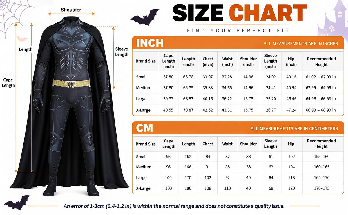 Size chart for the printed jumpsuit and cape in S, M, L and XL, with garment measurements and suggested height in centimeters and inches.