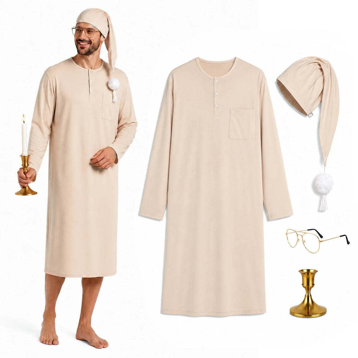 Beige Victorian nightshirt costume set with cap, glasses and candle holder