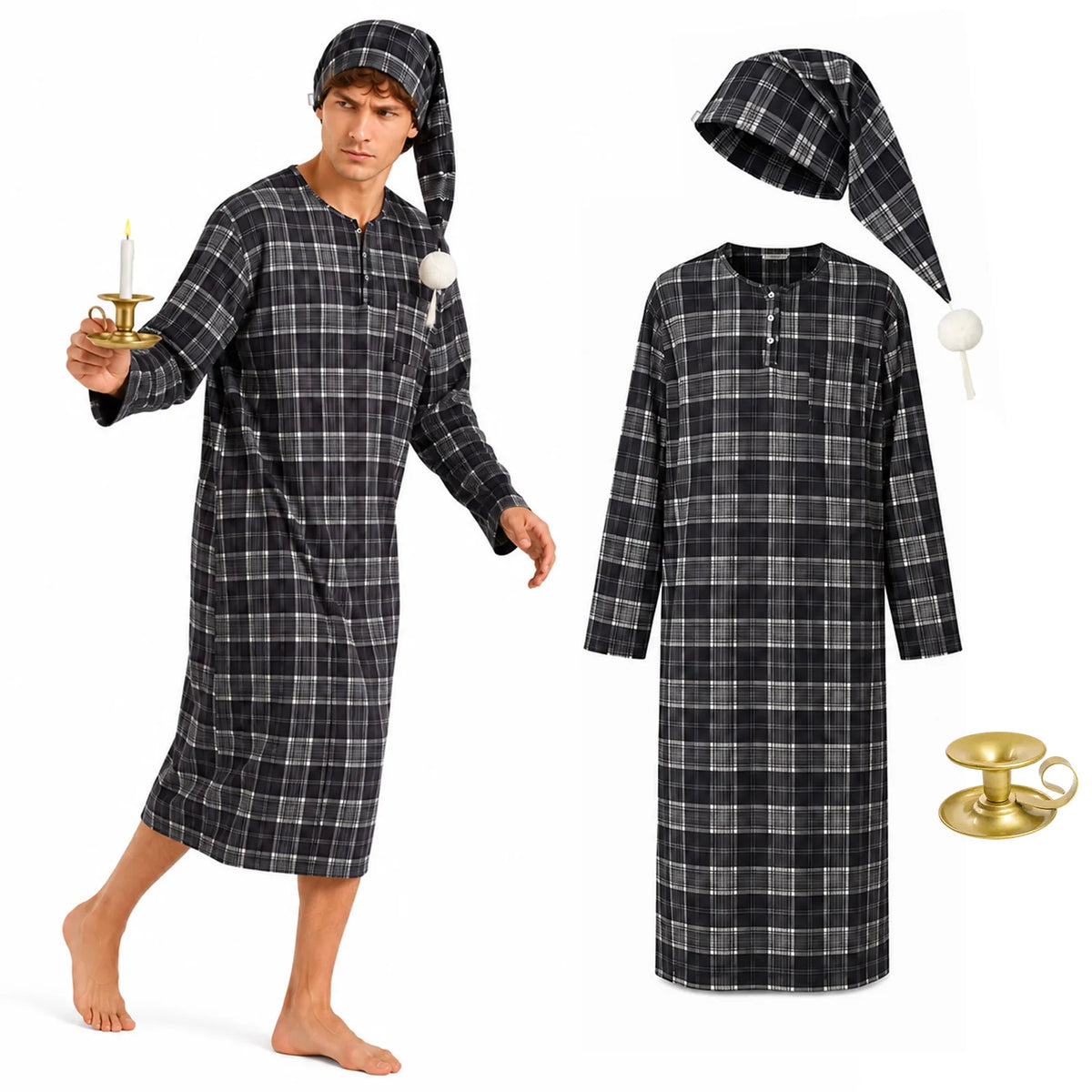 Men’s black plaid Victorian nightshirt costume with matching cap and candle holder.