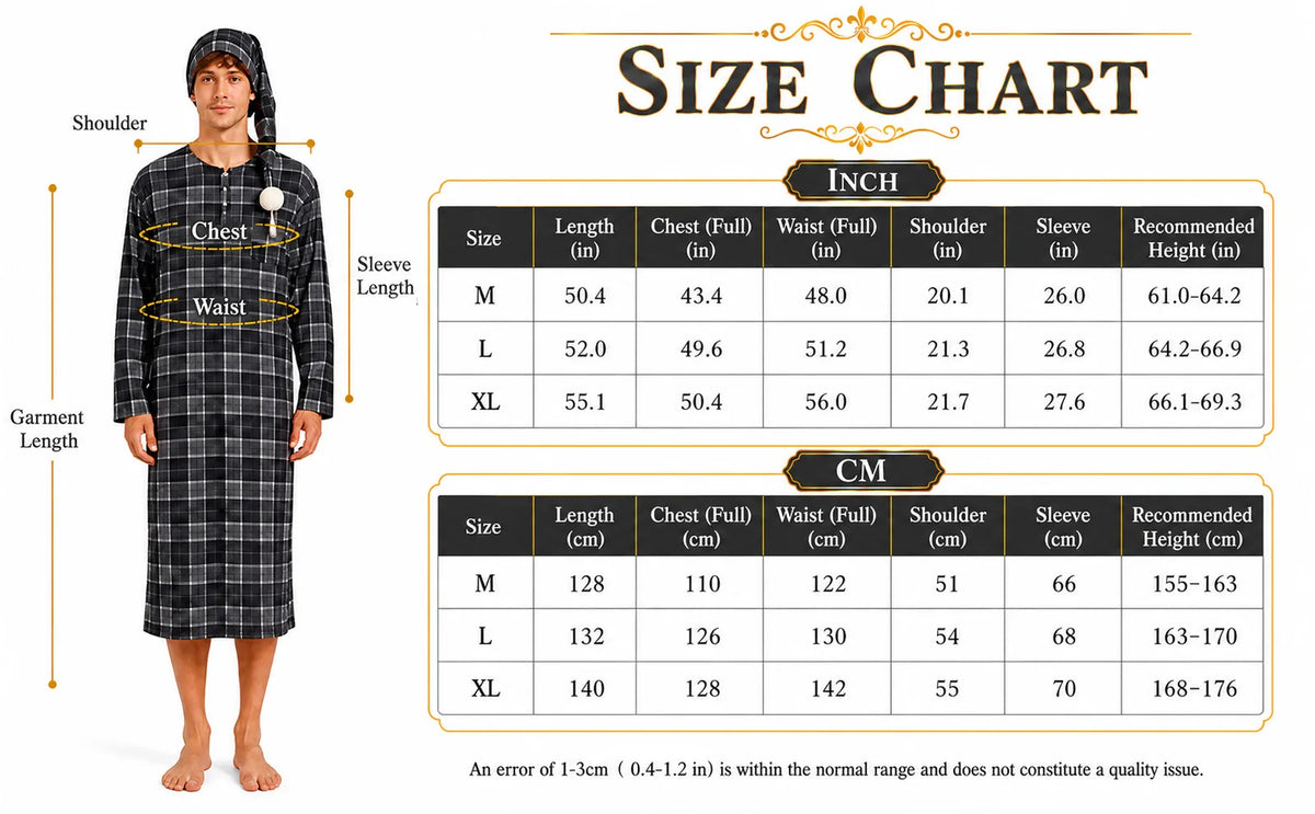 Size chart for the men’s black plaid Victorian nightshirt costume in M through XL.