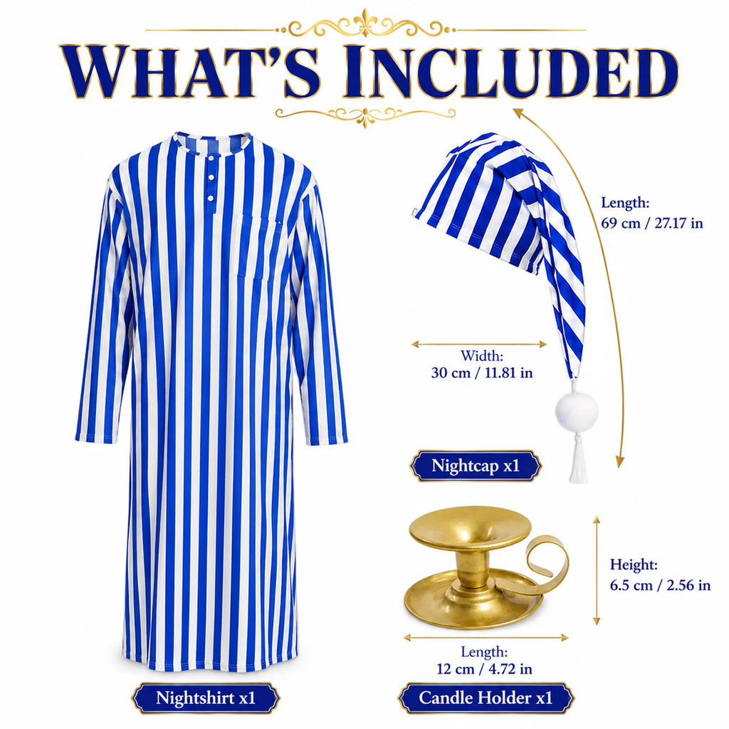 Blue striped nightcap and metal candle holder measurements with all three included pieces.