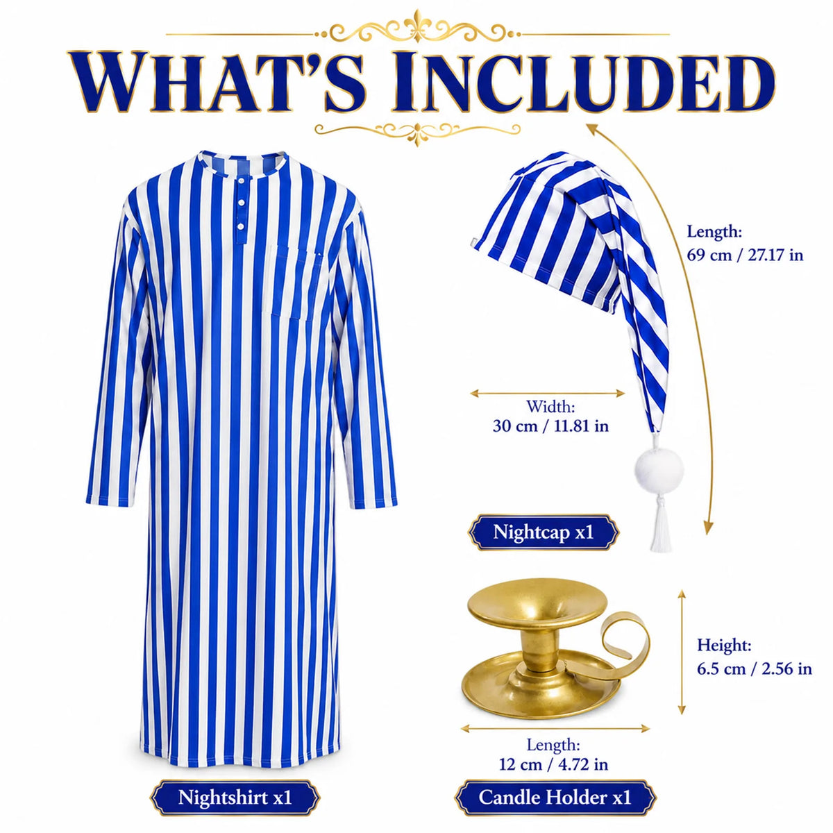 Blue striped nightcap and metal candle holder measurements with all three included pieces.