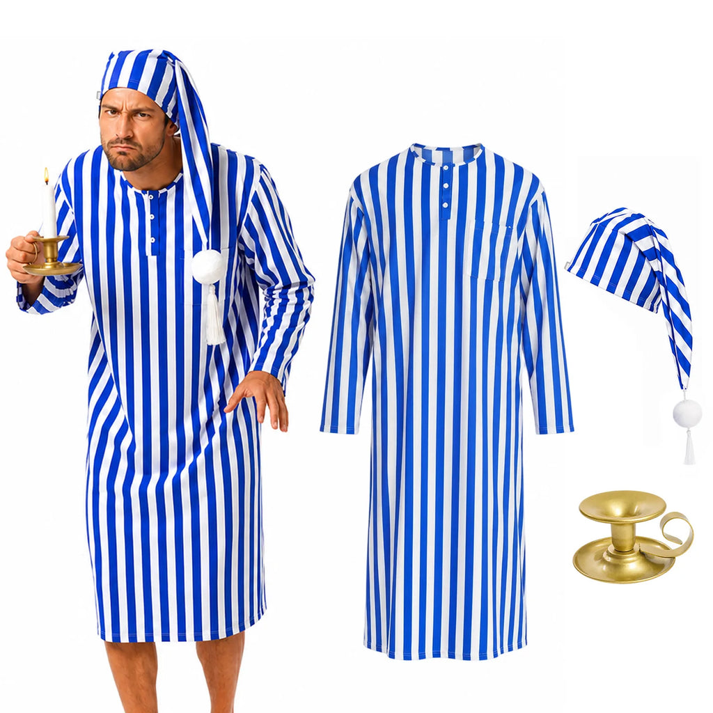 Men’s blue striped Victorian nightshirt costume shown with the matching cap and candle holder.