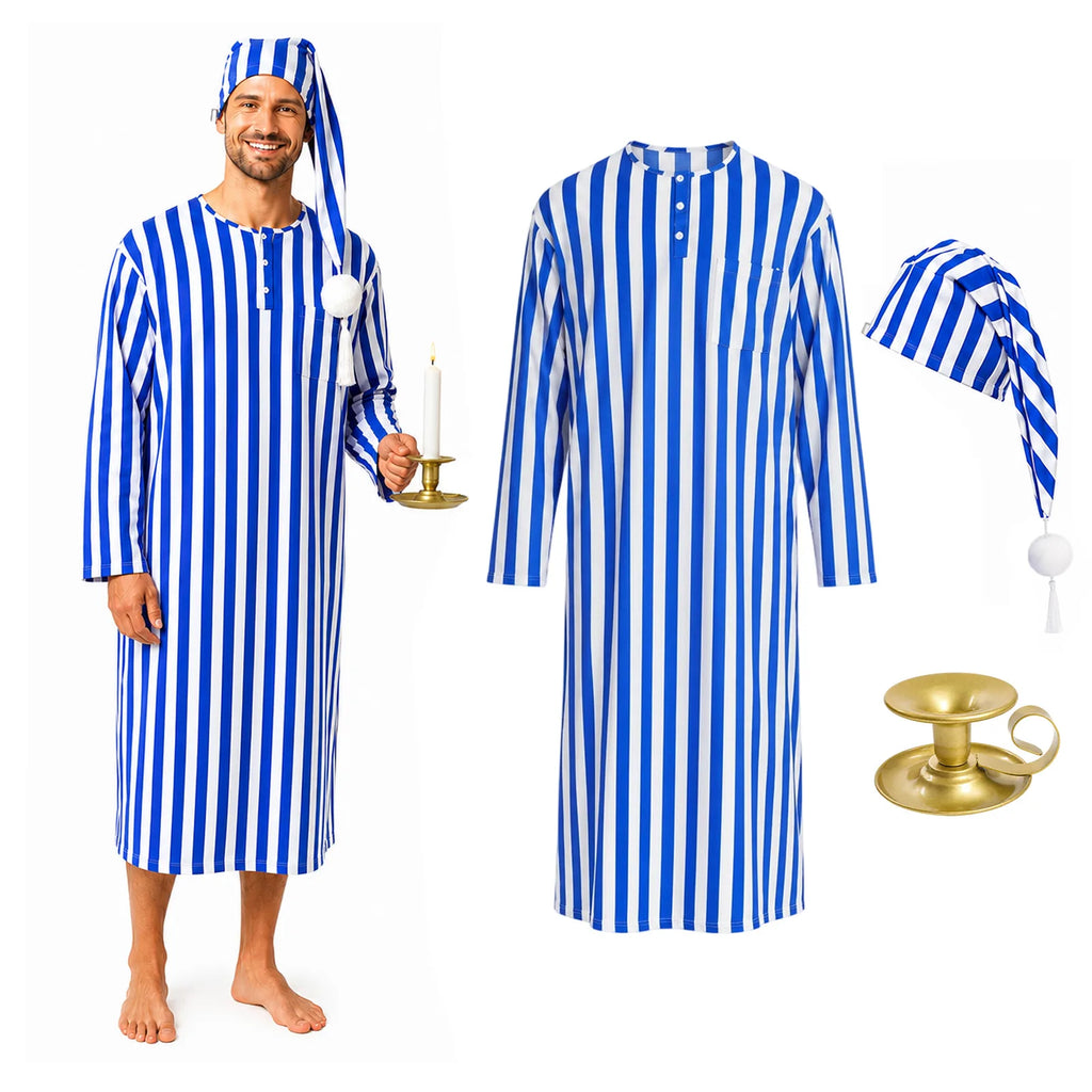 Men’s blue striped Victorian nightshirt costume with matching cap and candle holder.