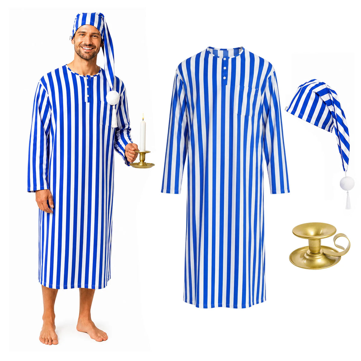 Men’s blue striped Victorian nightshirt costume with matching cap and candle holder.