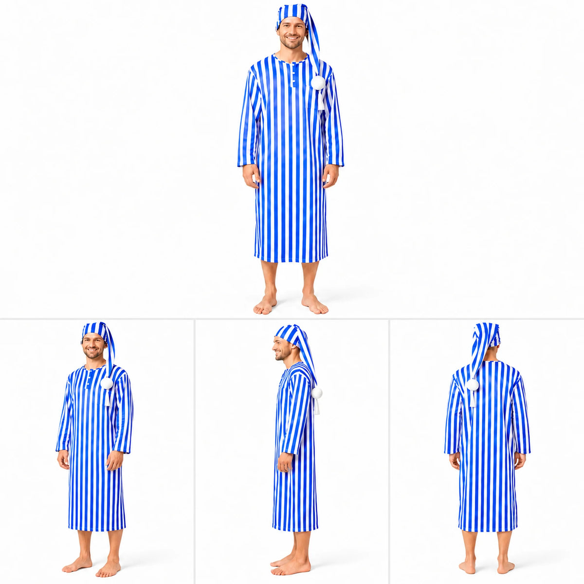 Men’s blue striped Victorian nightshirt costume shown from front, three-quarter, side, and back.