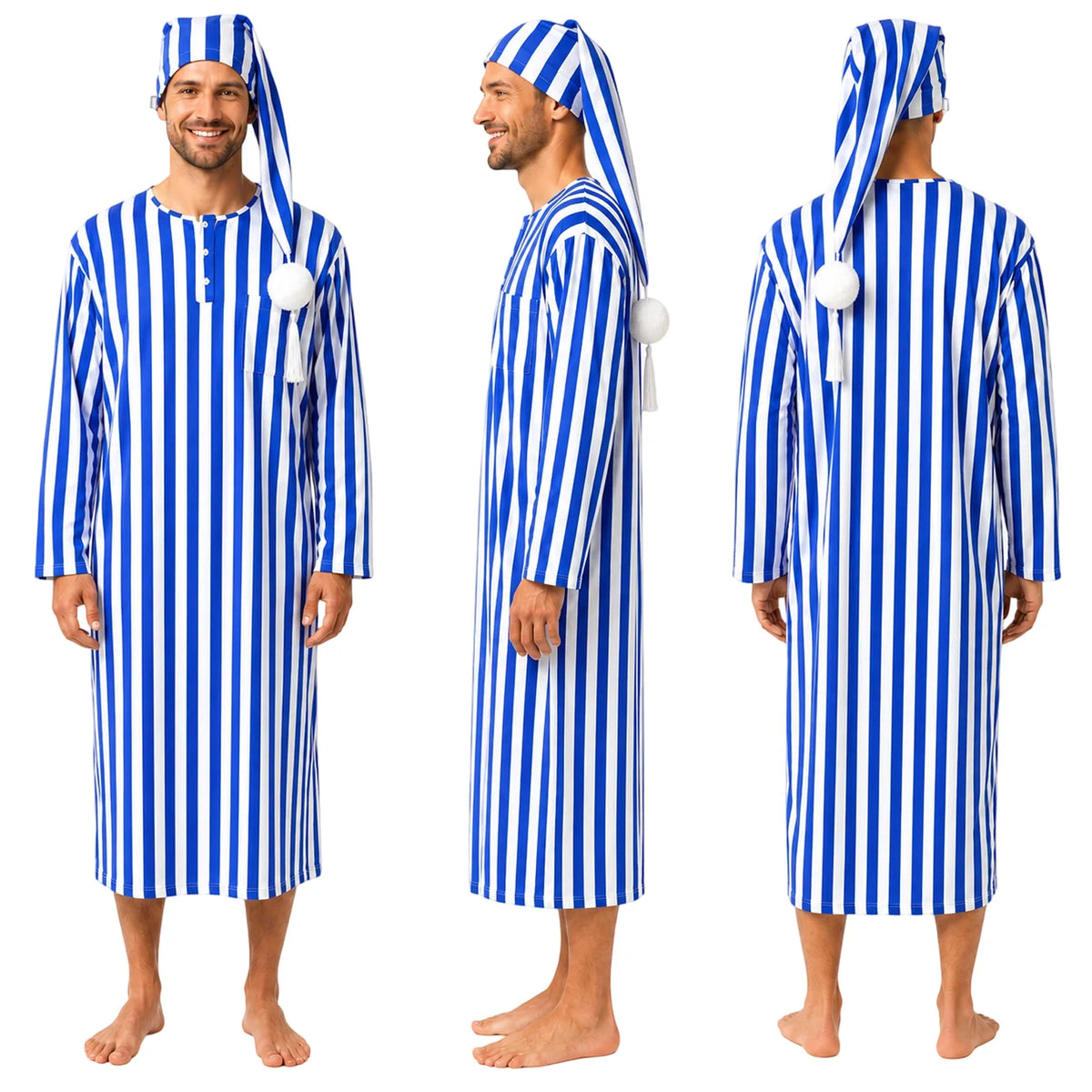 Men’s blue striped Victorian nightshirt costume shown from the front, side, and back.