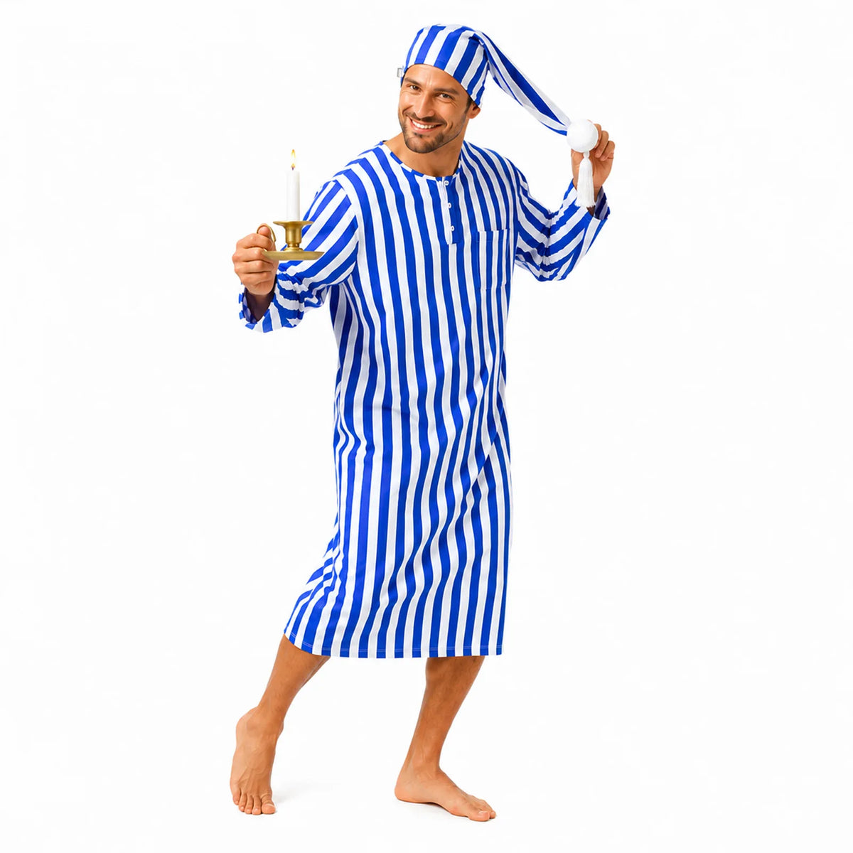 Full-body front view of the men’s blue striped Victorian nightshirt costume with cap and candle holder.