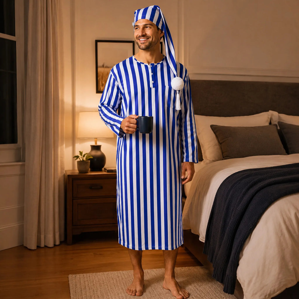 Men’s blue striped Victorian nightshirt costume styled for a holiday character scene.