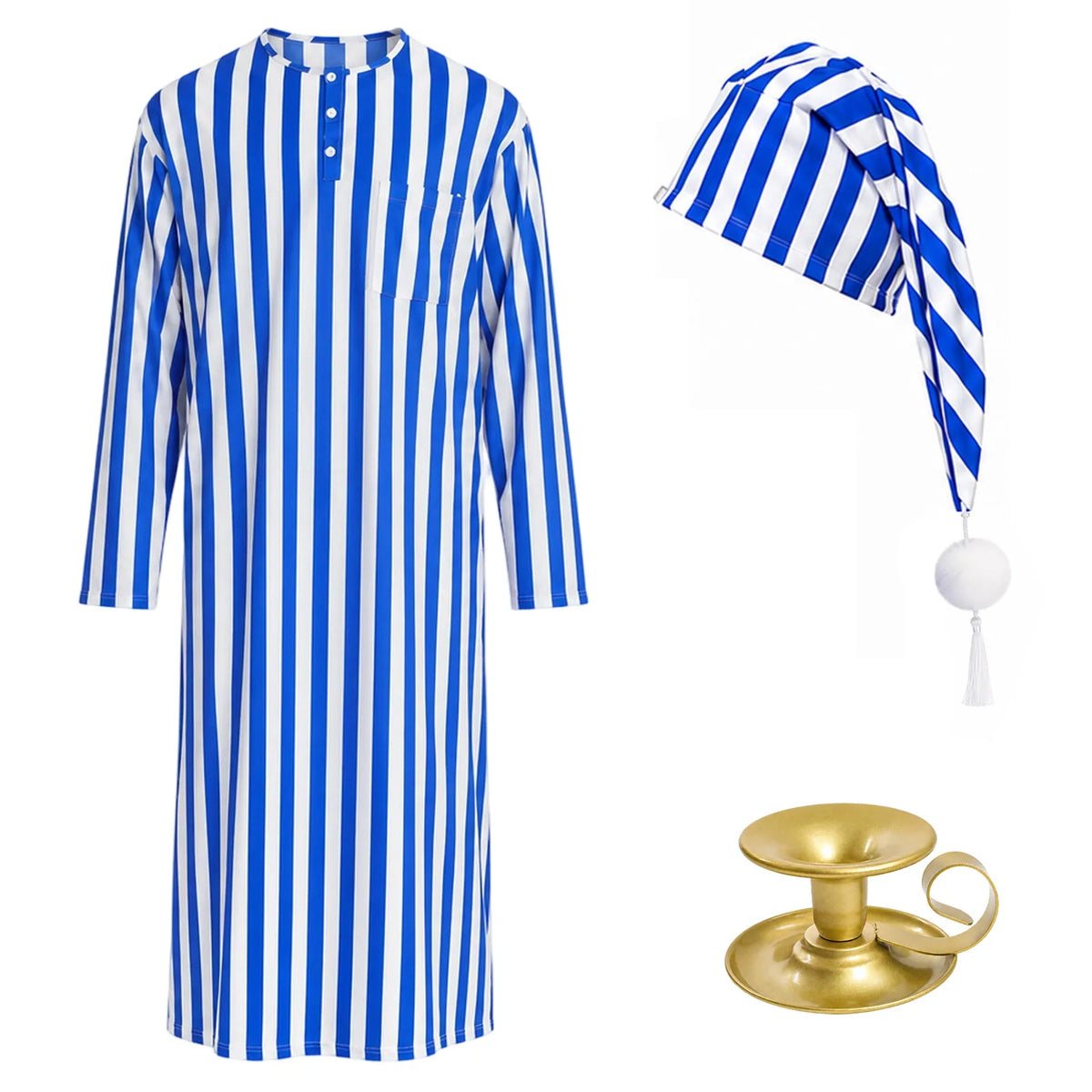 Blue striped nightshirt, matching nightcap, and metal candle holder included in the costume set.