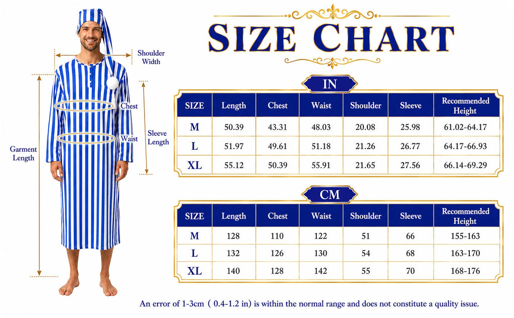 Size chart for the men’s blue striped Victorian nightshirt costume in M through XL.