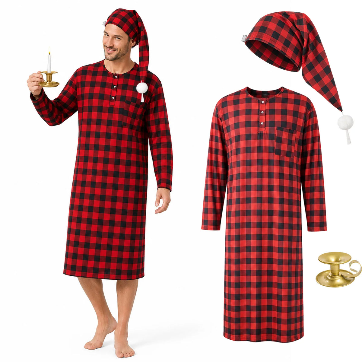 Men’s red plaid Victorian nightshirt costume with matching cap and candle holder.