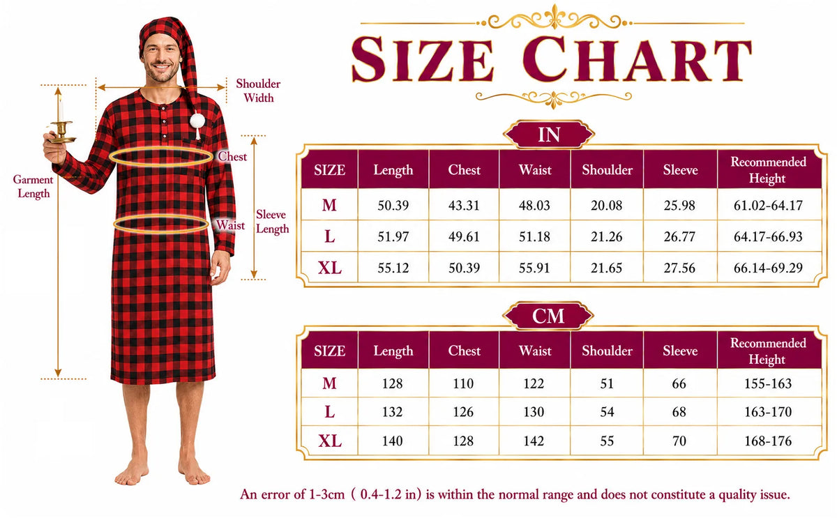 Size chart for the men’s red plaid Victorian nightshirt costume in M through XL.