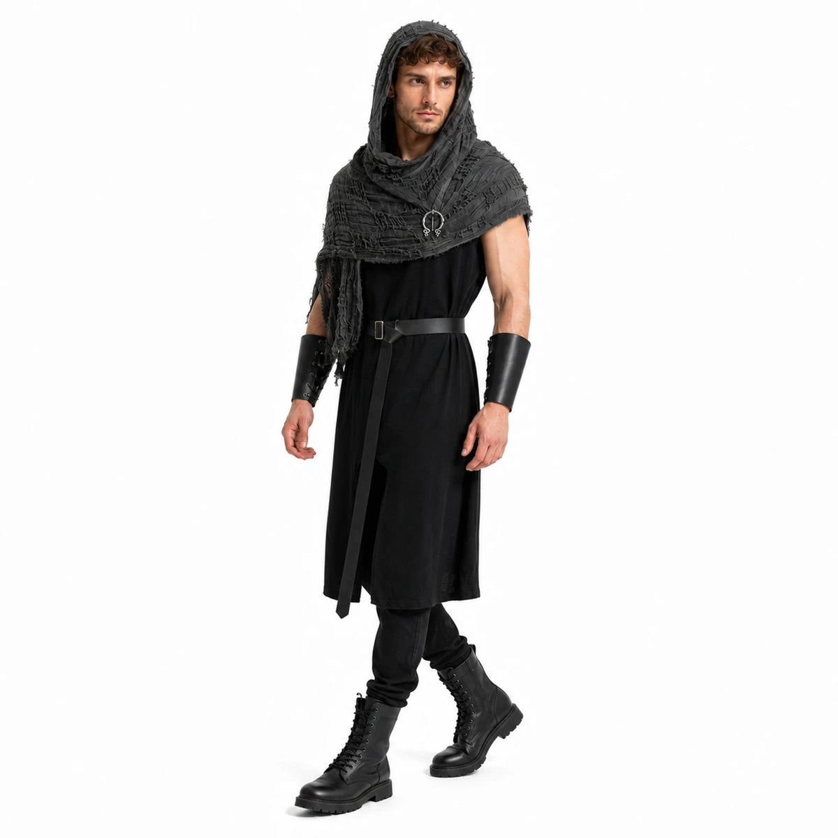 Full-length view of the men's Viking tunic and separate gray hooded shawl, styled with pants and boots.
