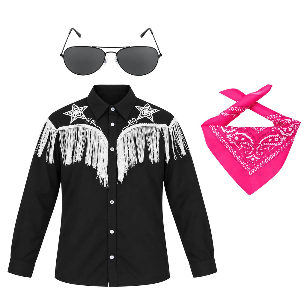 Separate black western shirt with white fringe shown alongside pink paisley bandana and black costume sunglasses.