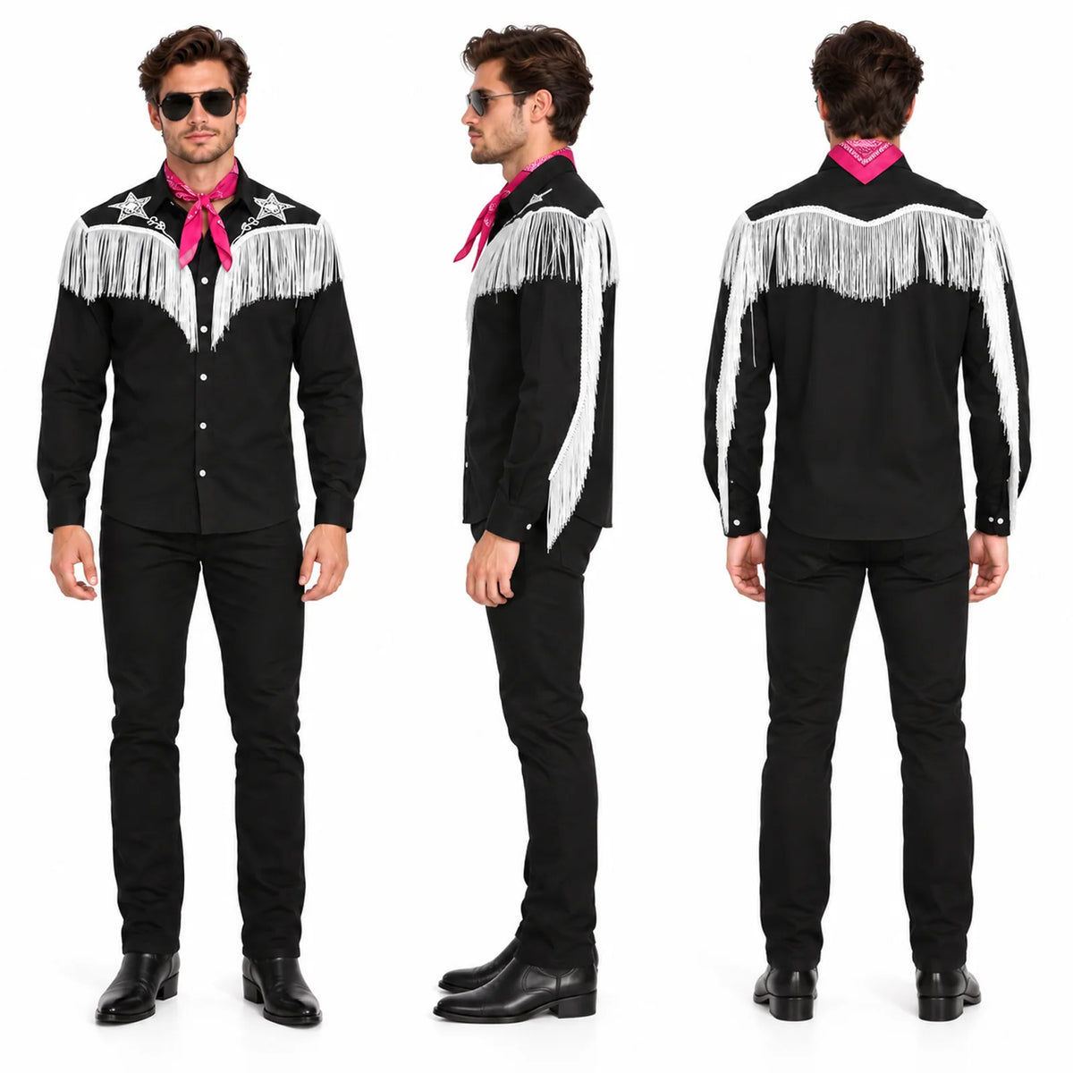 Front side and back views of a man wearing the black fringed western shirt and pink bandana.