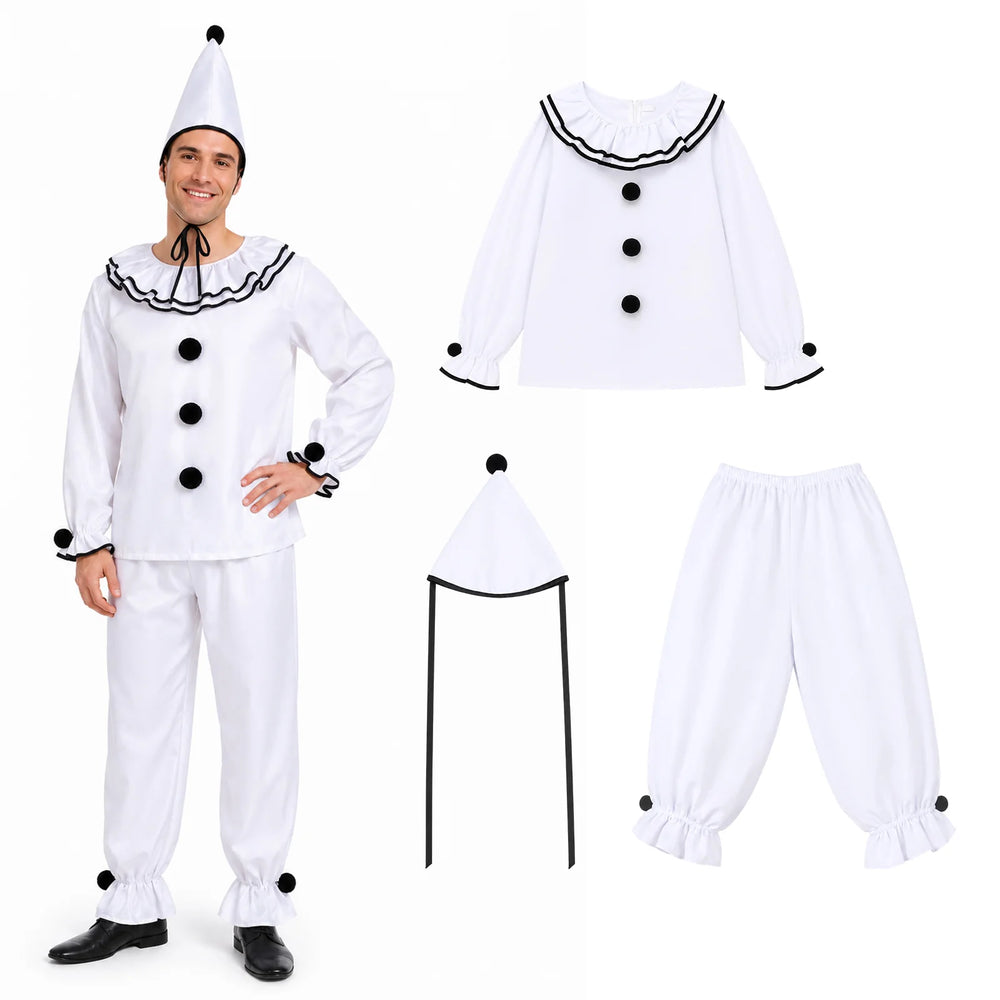 Men's white Pierrot clown costume with shirt, pants, and pointed hat