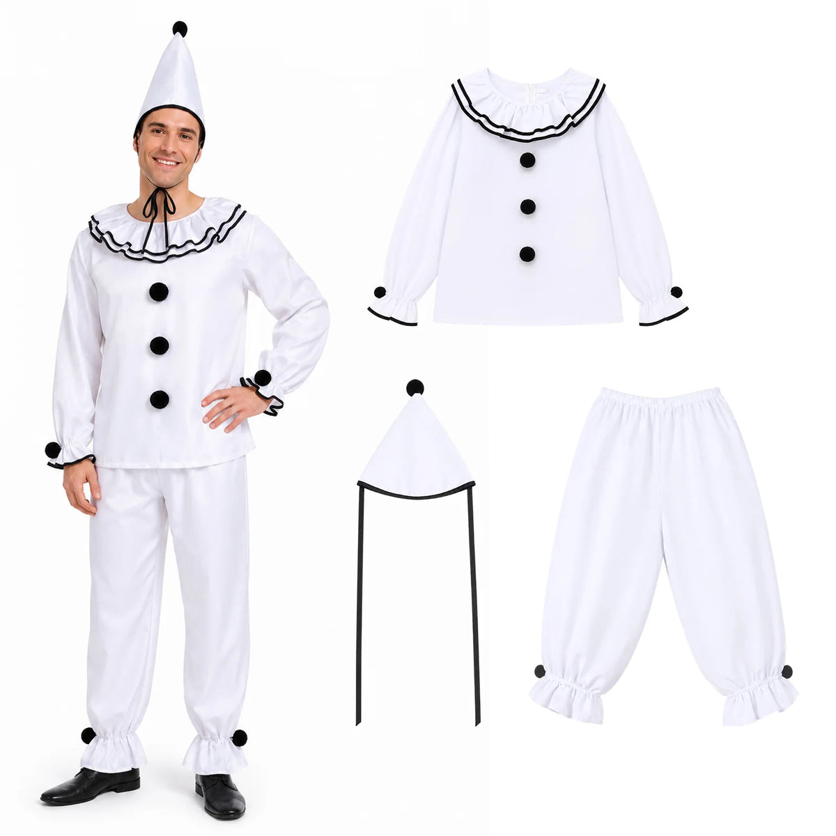 Men's white Pierrot clown costume with shirt, pants, and pointed hat