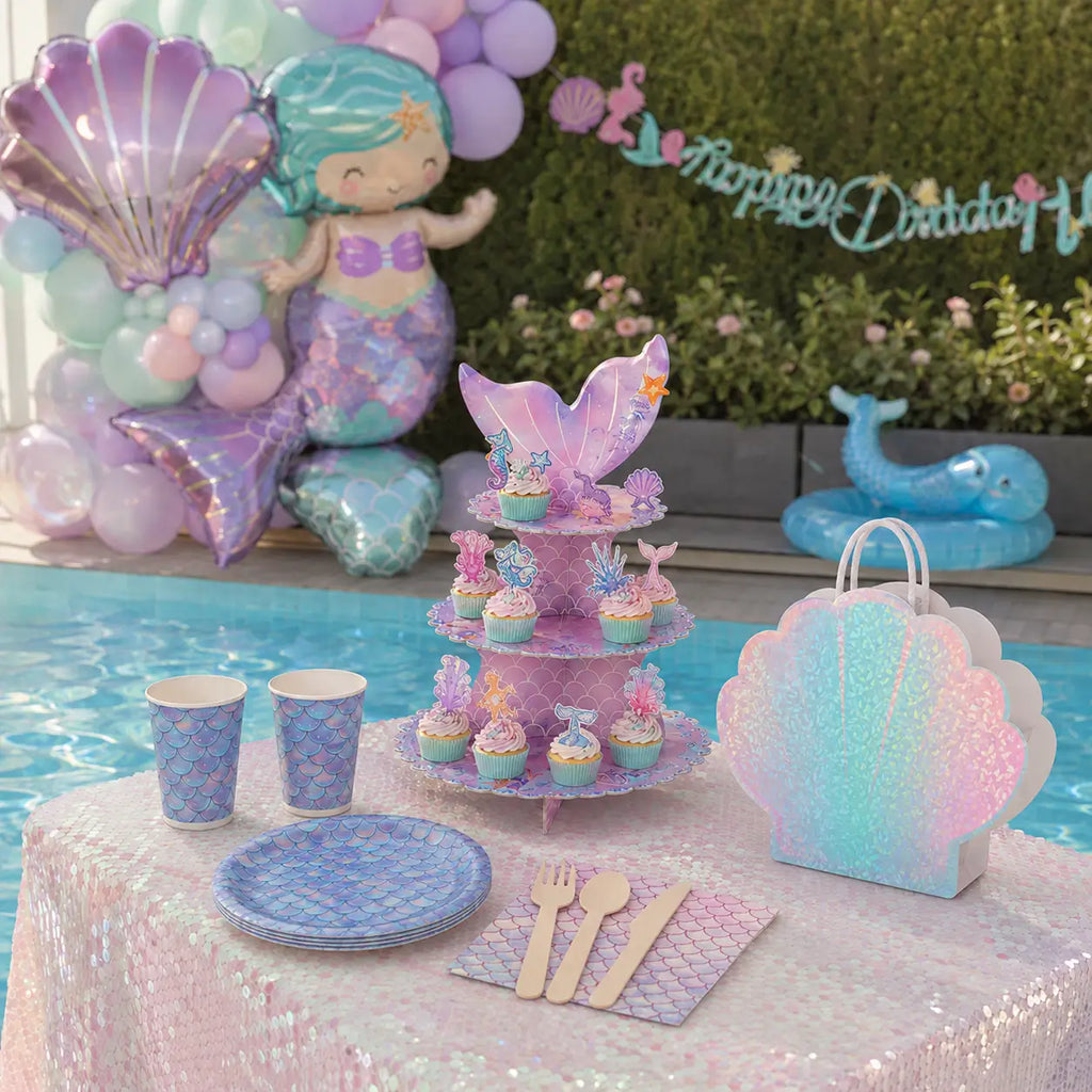 Mermaid birthday dessert table with themed cupcakes, cake toppers, scale-print plates and an iridescent shell-shaped gift bag.