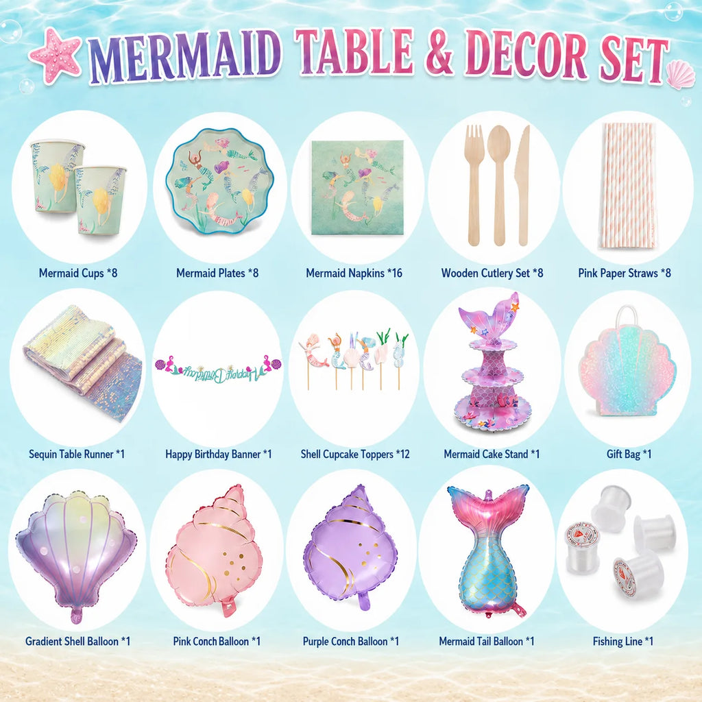 Mermaid birthday party table and decor set for 8 guests with themed tableware, cake stand, birthday banner, foil balloons, gift bag and inflation accessories