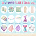 Mermaid birthday party table and decor set for 8 guests with themed tableware, cake stand, birthday banner, foil balloons, gift bag and inflation accessories